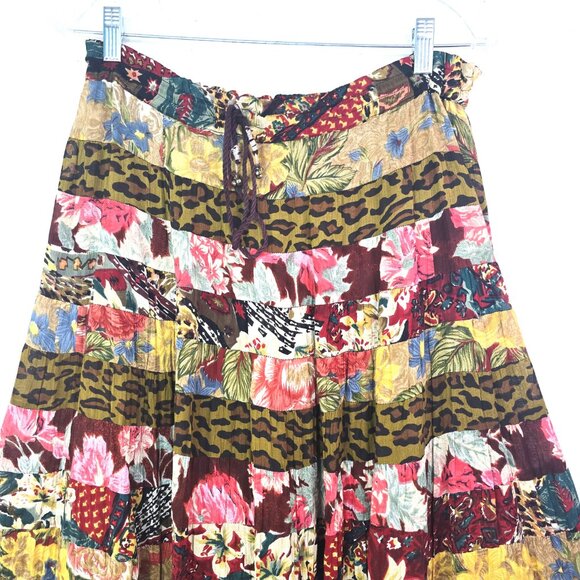 Vintage 80s 90s Brown Animal Floral Patchwork Boho Gypsy Maxi Broom Skirt - Picture 3 of 9